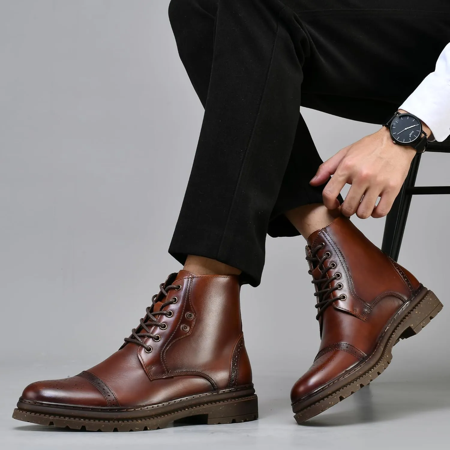 Holy dove Mens Oxford Leather Dress Boots Cap Toe Side Zip Fashion Mid Top Chukka Ankle Boots for Men
