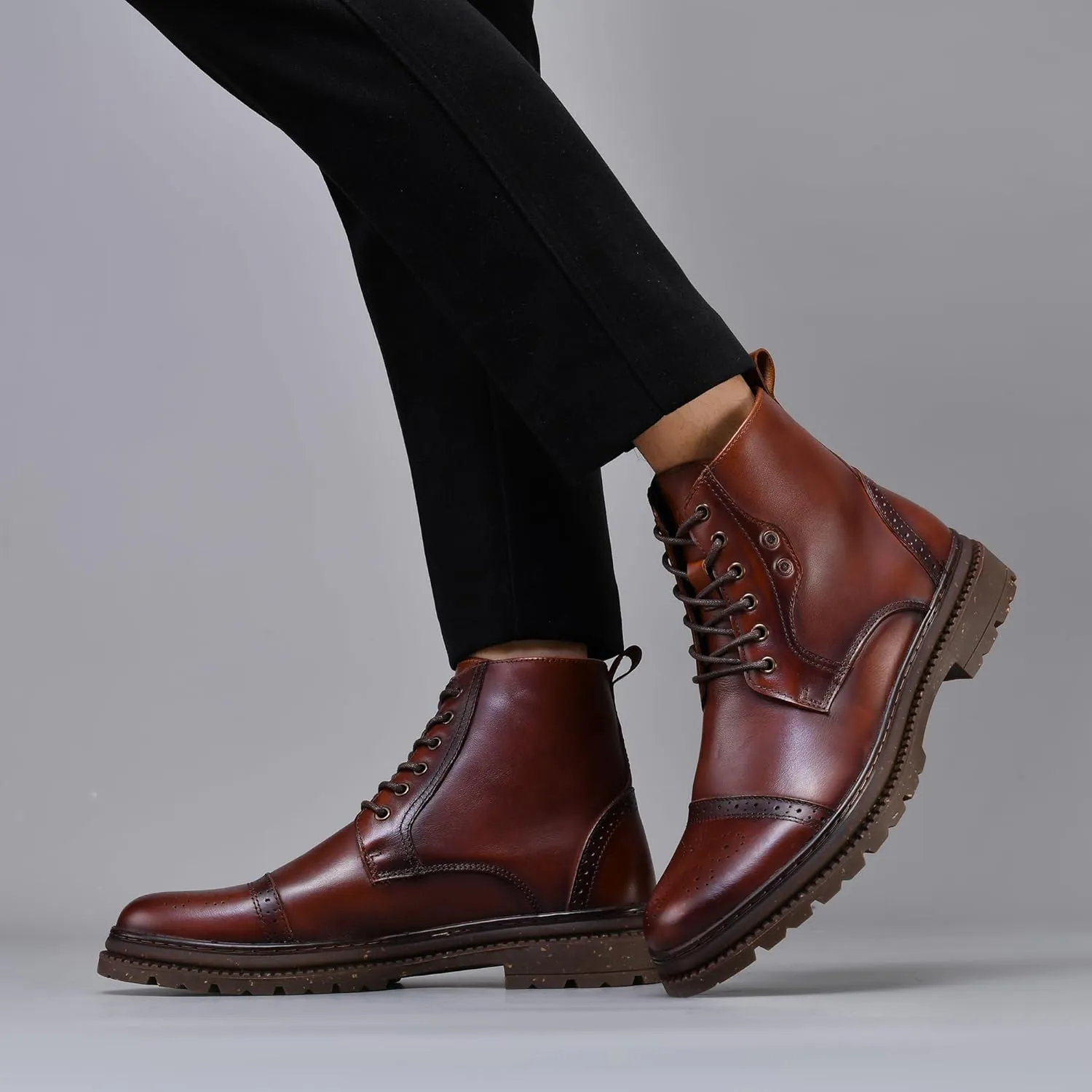 Holy dove Mens Oxford Leather Dress Boots Cap Toe Side Zip Fashion Mid Top Chukka Ankle Boots for Men