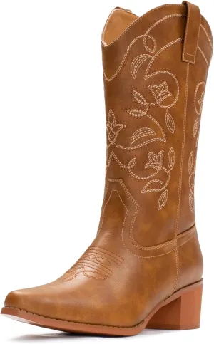 IUV Cowboy Boots For Women Pointy Toe Women's Western Boots Cowgirl Boots Mid Calf Boots