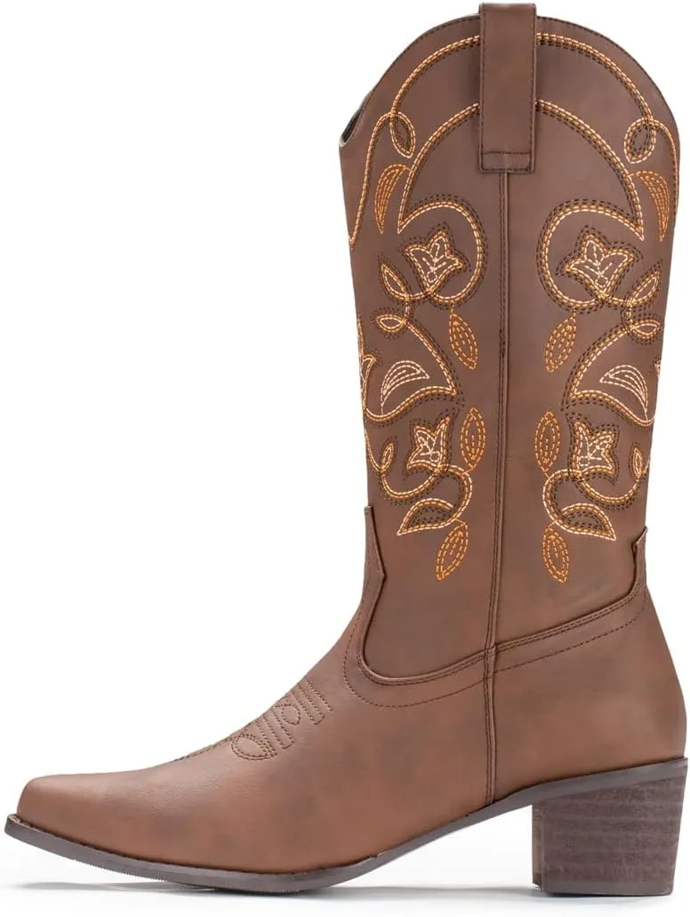 IUV Cowboy Boots For Women Pointy Toe Women's Western Boots Cowgirl Boots Mid Calf Boots