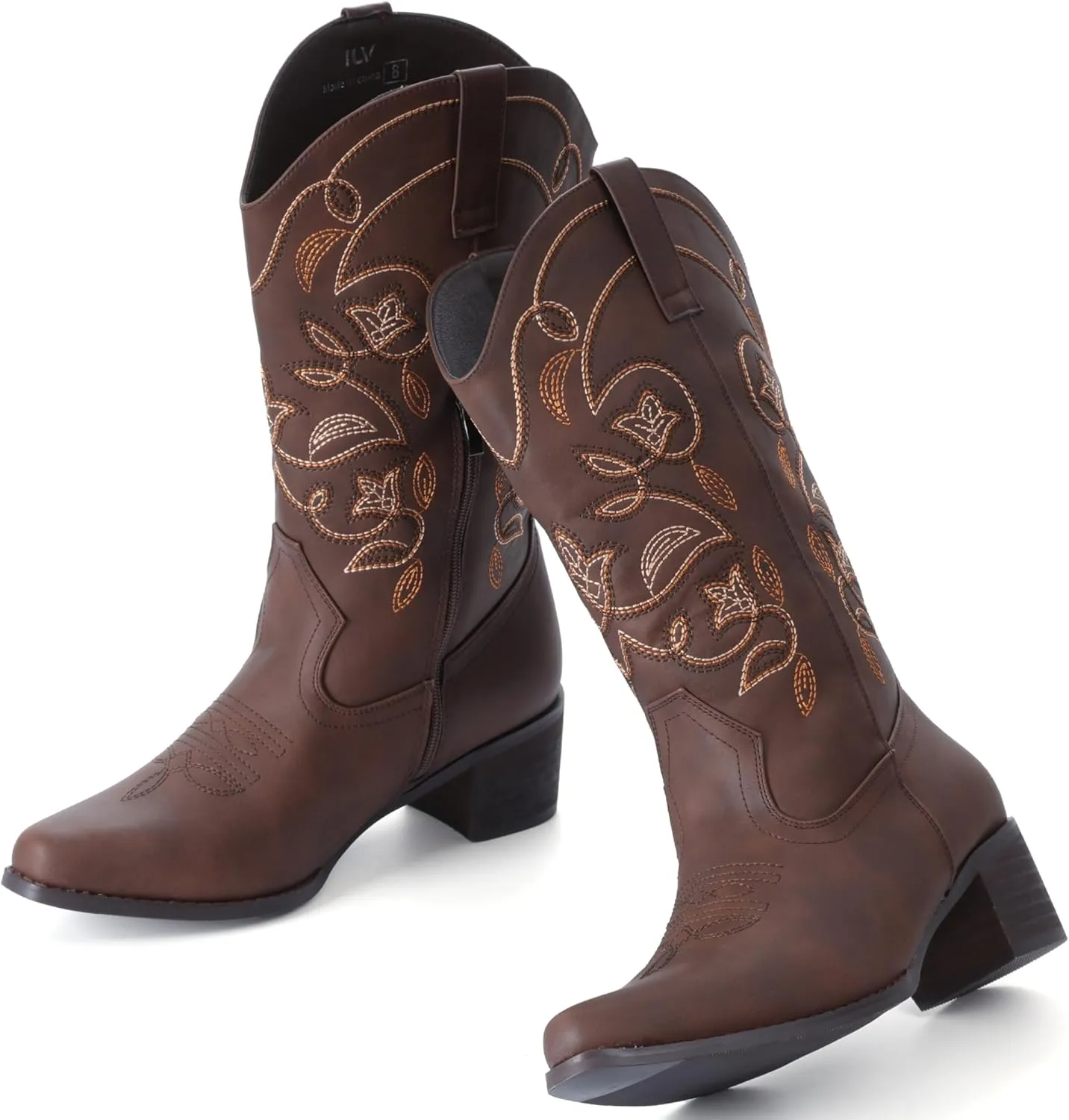 IXU Cowboy Boots For Women Wide Calf Pointy Toe Cowgirl Boots Mid Calf Western Boots