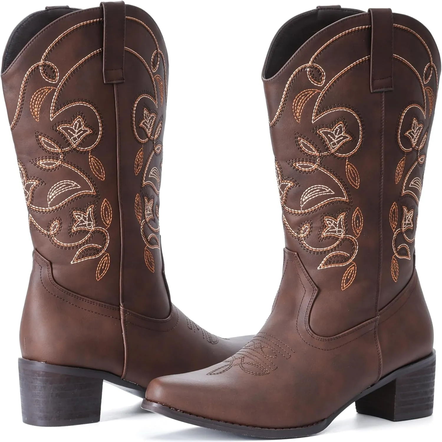 IXU Cowboy Boots For Women Wide Calf Pointy Toe Cowgirl Boots Mid Calf Western Boots