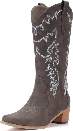 IXU Cowboy Boots Women Pointy Toe Women's Mid Calf Western Cowgirl Boots