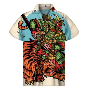 Japanese Samurai and Tiger Print Hawaiian Short Sleeve Shirt