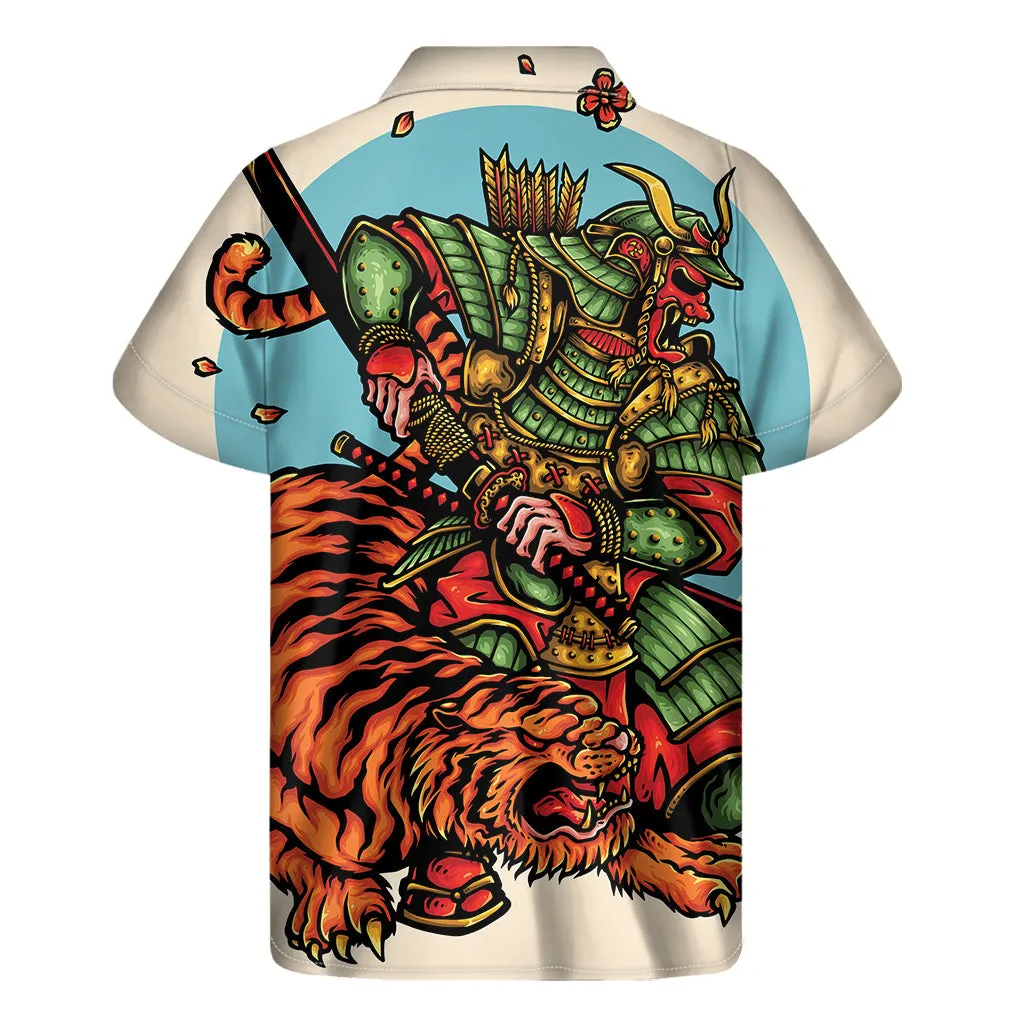Japanese Samurai and Tiger Print Hawaiian Short Sleeve Shirt