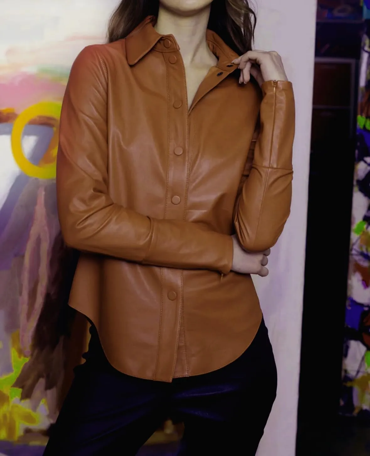 Jild Casual Shirt Leather Jacket Women - Long Sleeve Snap Button Down Soft Lambskin Leather Shacket Regular and Plus Size