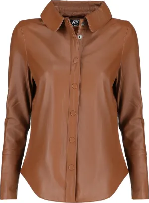 Jild Casual Shirt Leather Jacket Women - Long Sleeve Snap Button Down Soft Lambskin Leather Shacket Regular and Plus Size