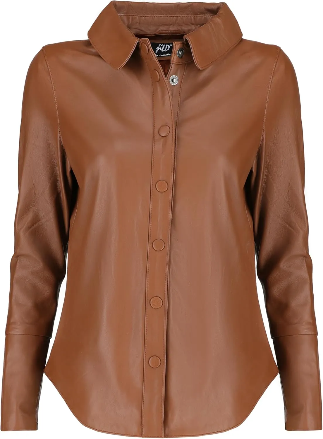 Jild Casual Shirt Leather Jacket Women - Long Sleeve Snap Button Down Soft Lambskin Leather Shacket Regular and Plus Size