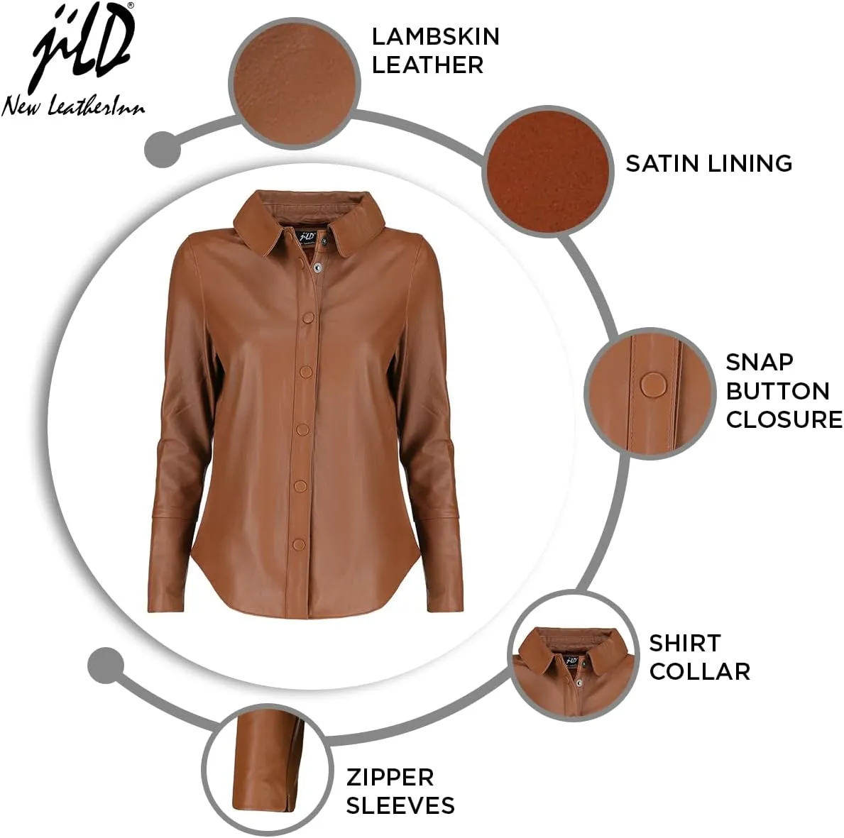 Jild Casual Shirt Leather Jacket Women - Long Sleeve Snap Button Down Soft Lambskin Leather Shacket Regular and Plus Size