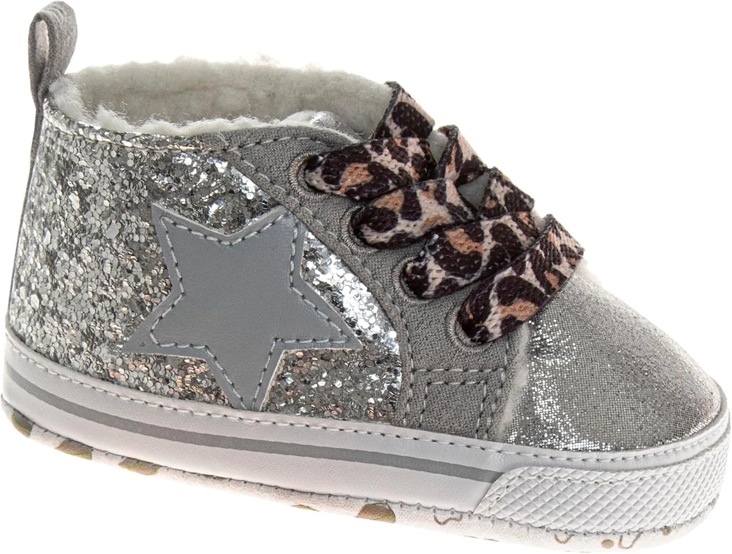 Josmo Infant Girls Fashion Sneakers Glitter High-Top Shoes - Star Patch Leopard Print Laces Lightweight Soft Sole (Size 2-4 Infant)