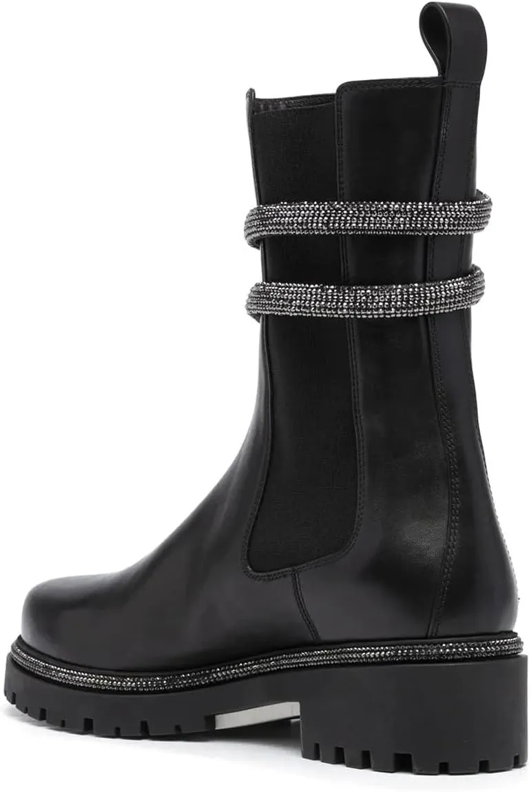 keleimusi Women's Crystal Embellished Ankle Wrap Chelsea Combat Booties with Flat Lugs