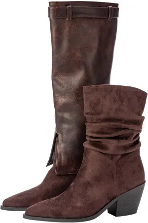 Knee-High Boots for Women Fold Over Block Pointed Toe Chunky Heel Shark Boots Dress Tall Boots