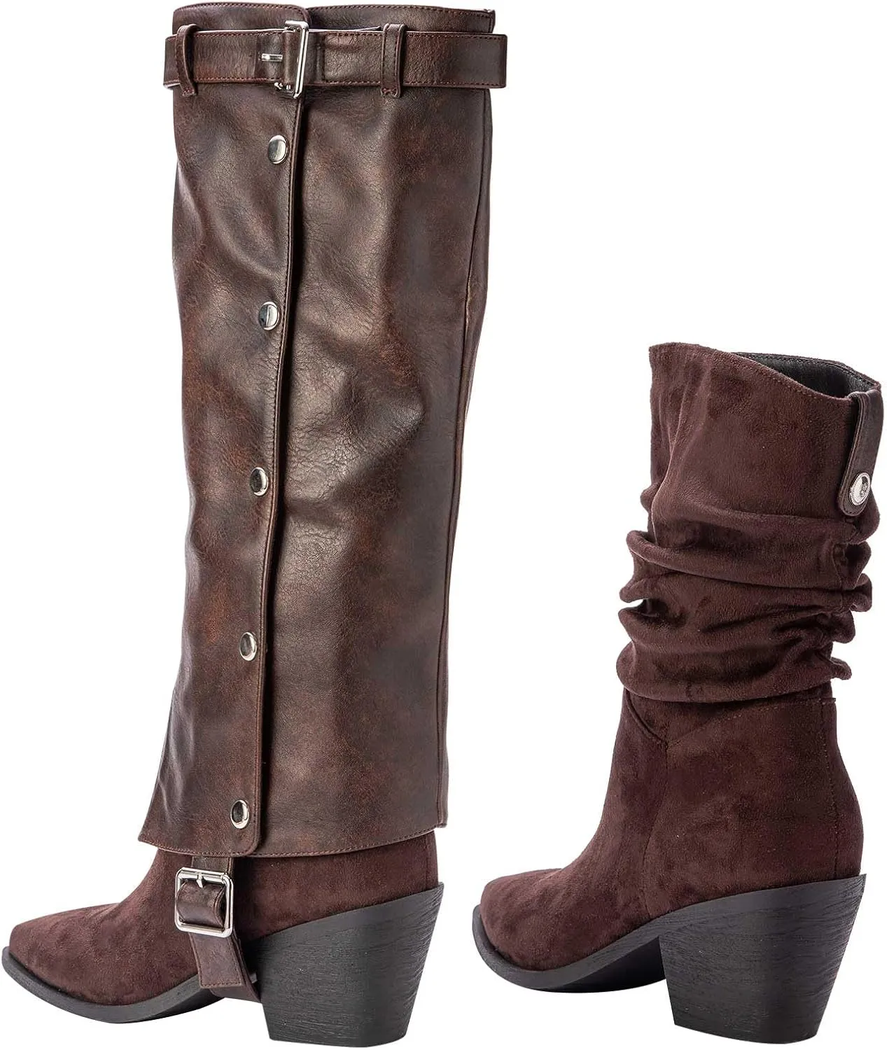 Knee-High Boots for Women Fold Over Block Pointed Toe Chunky Heel Shark Boots Dress Tall Boots