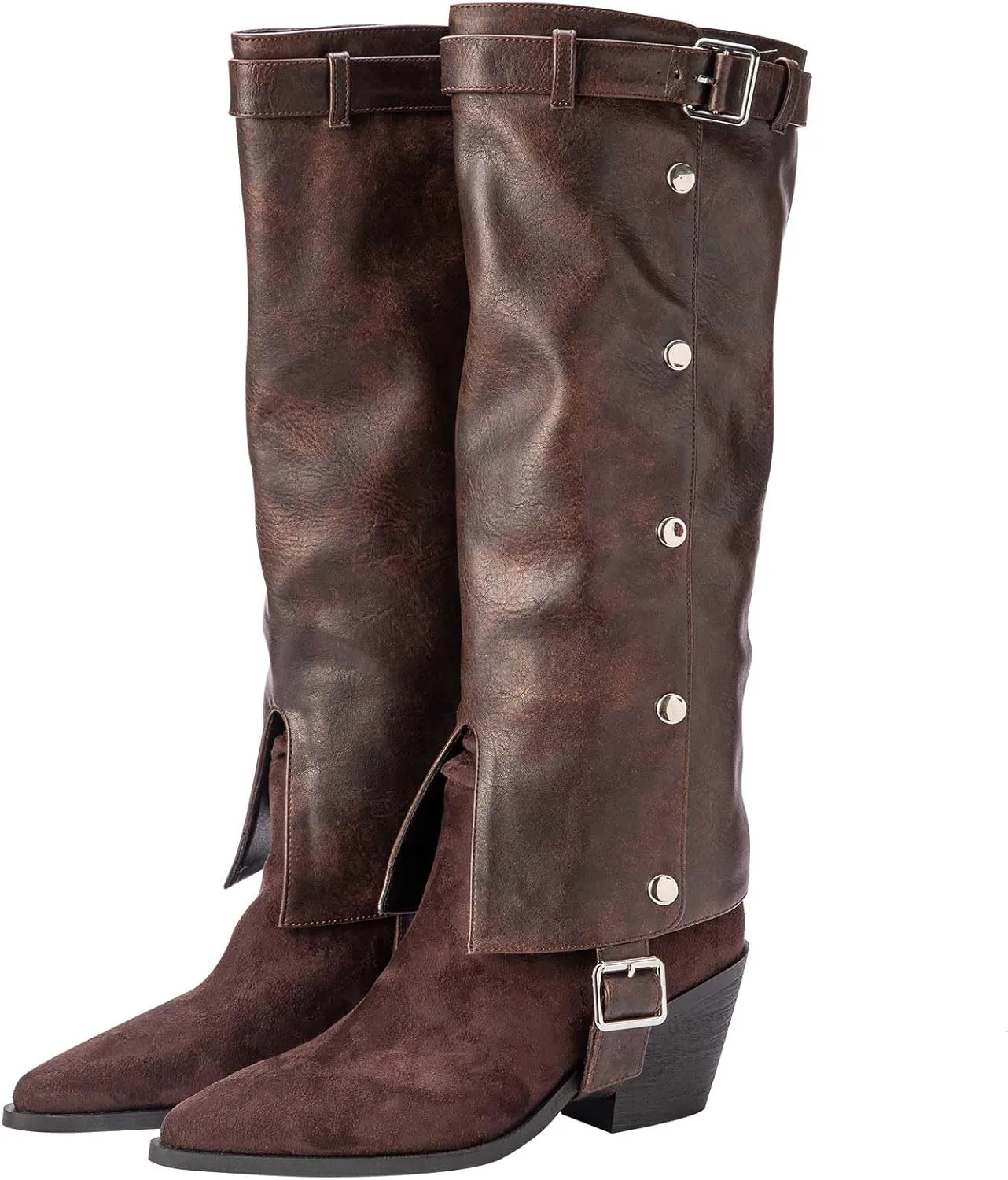 Knee-High Boots for Women Fold Over Block Pointed Toe Chunky Heel Shark Boots Dress Tall Boots