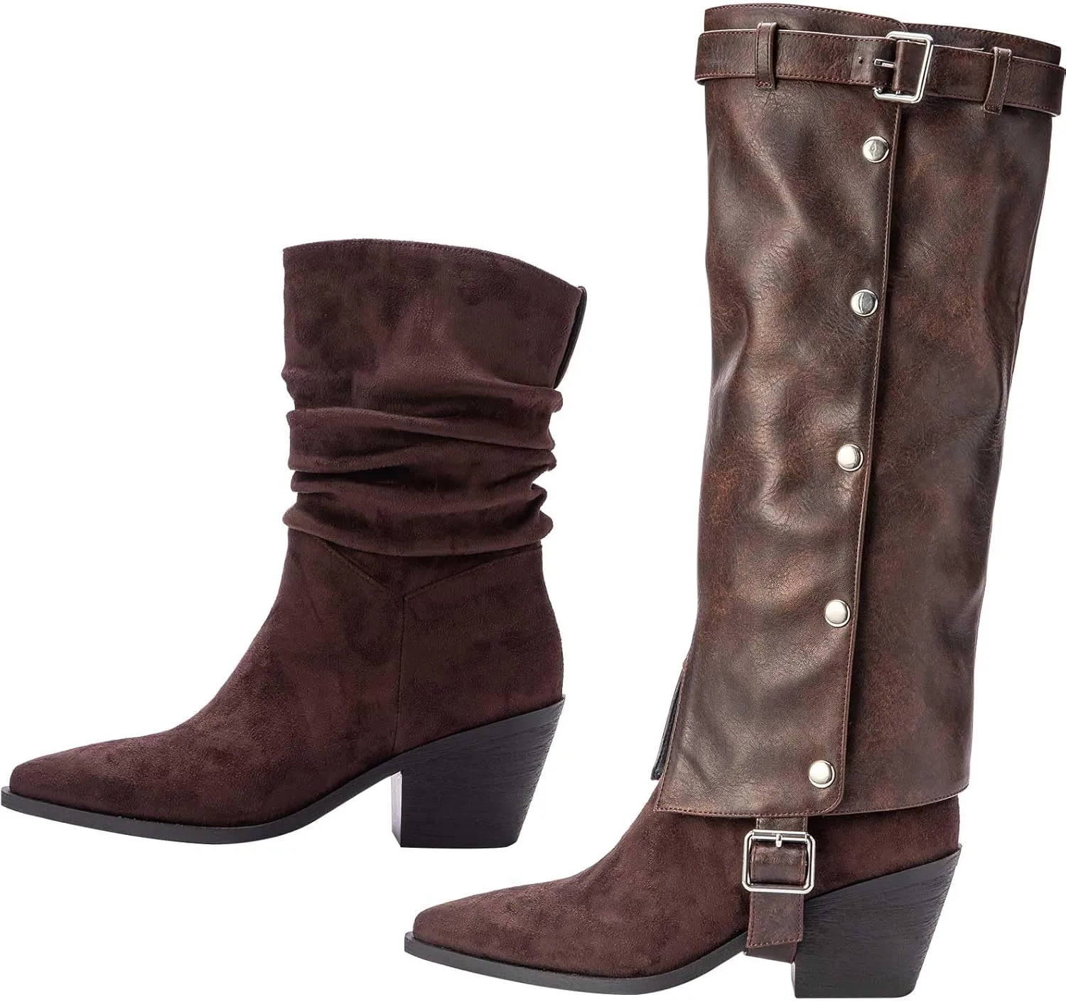 Knee-High Boots for Women Fold Over Block Pointed Toe Chunky Heel Shark Boots Dress Tall Boots