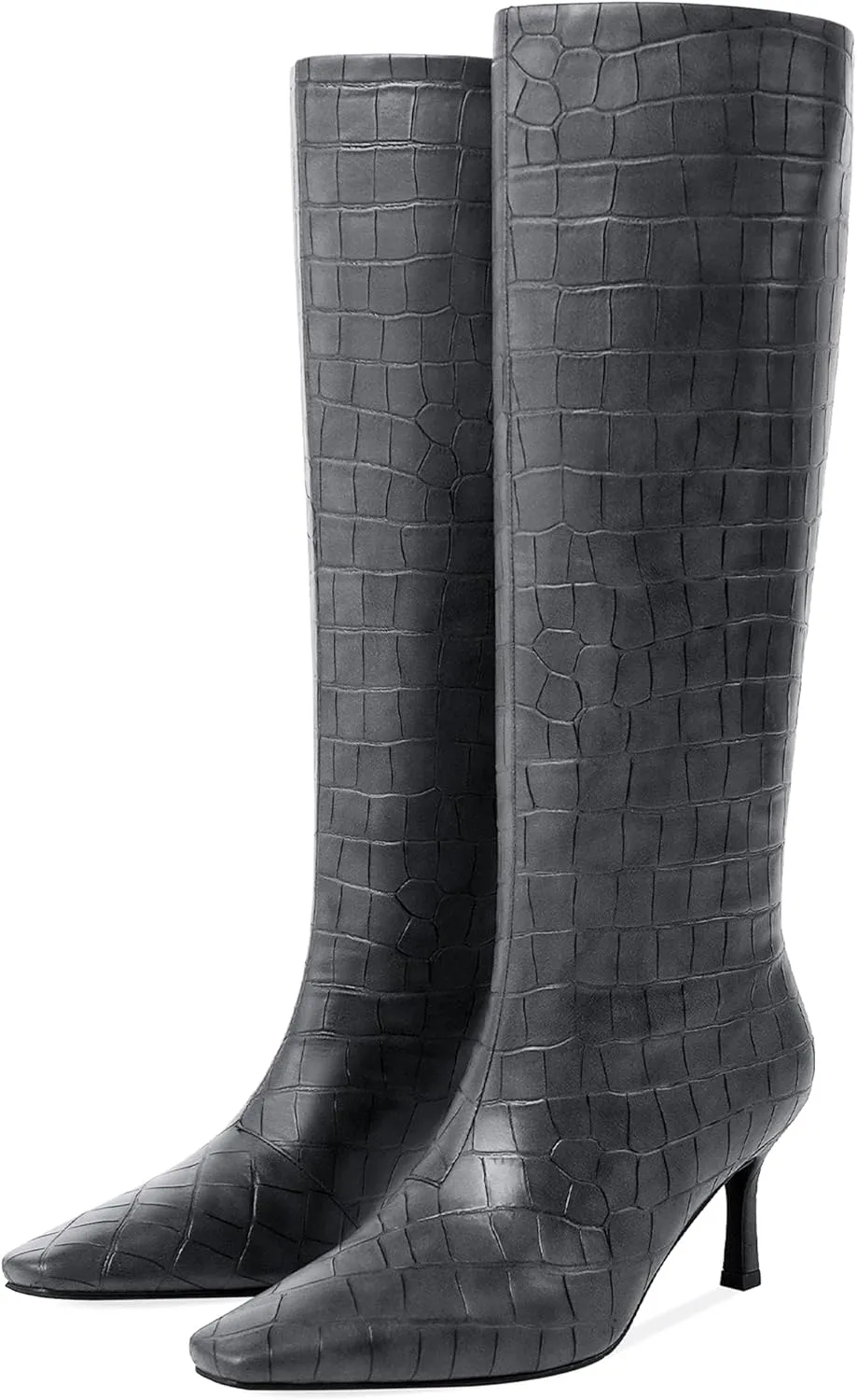 Knee High Boots for Women Wide Calf Square Toe Kitten Low Heel Crocodile Boots Pull on Tall Boots Below the Knee Long Dress Boots