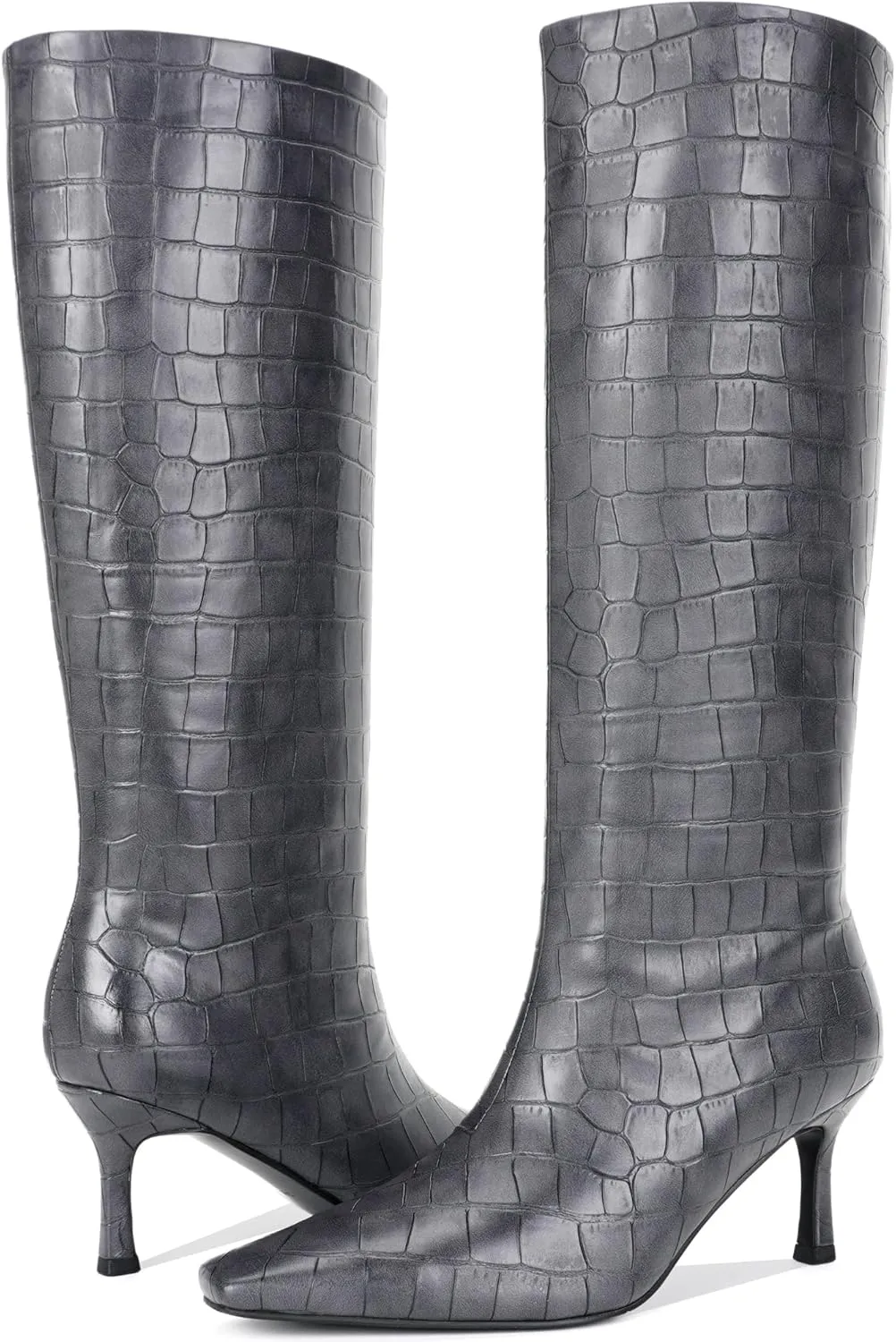 Knee High Boots for Women Wide Calf Square Toe Kitten Low Heel Crocodile Boots Pull on Tall Boots Below the Knee Long Dress Boots