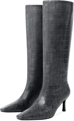 Knee High Boots for Women Wide Calf Square Toe Kitten Low Heel Crocodile Boots Pull on Tall Boots Below the Knee Long Dress Boots
