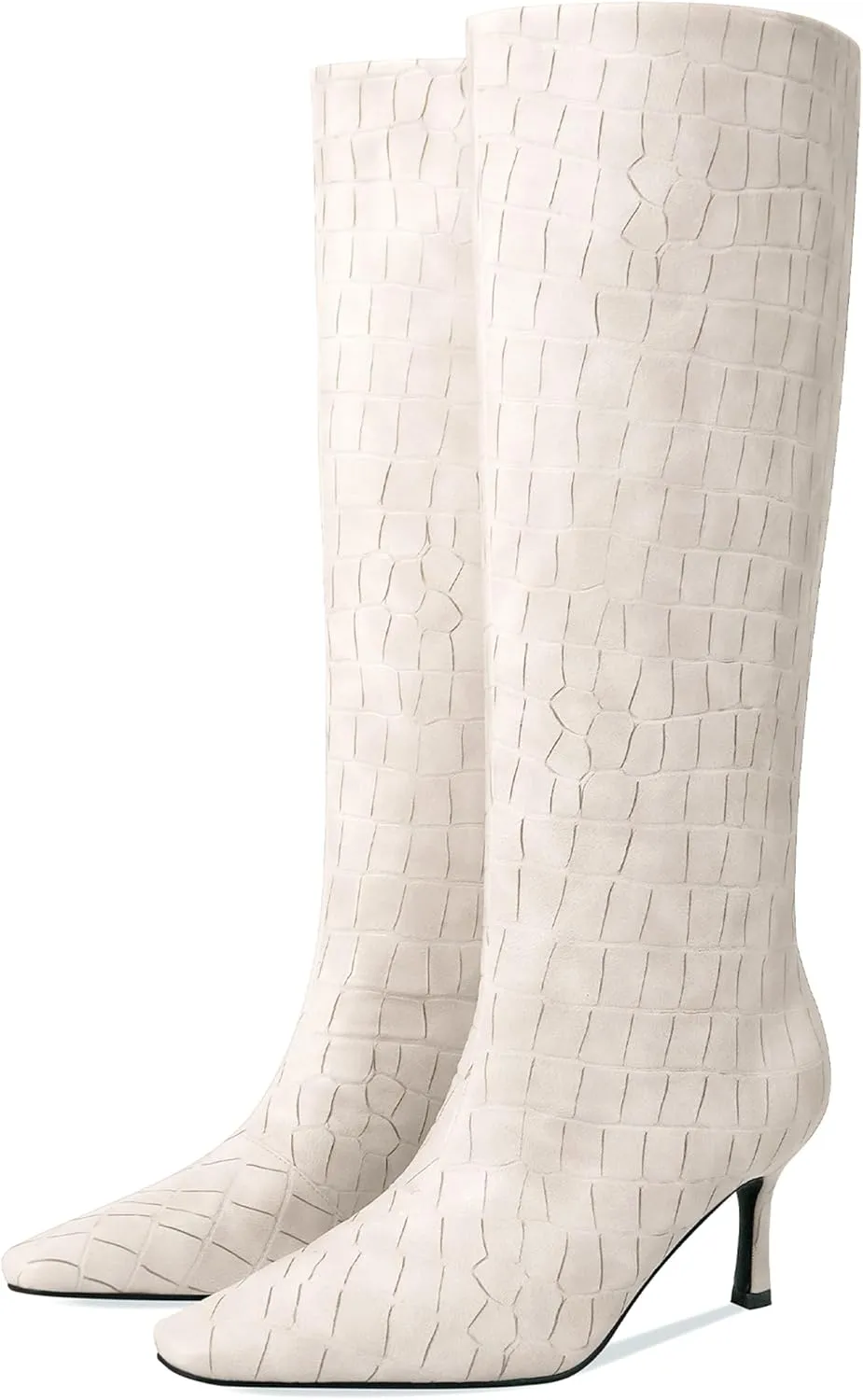 Knee High Boots for Women Wide Calf Square Toe Kitten Low Heel Crocodile Boots Pull on Tall Boots Below the Knee Long Dress Boots