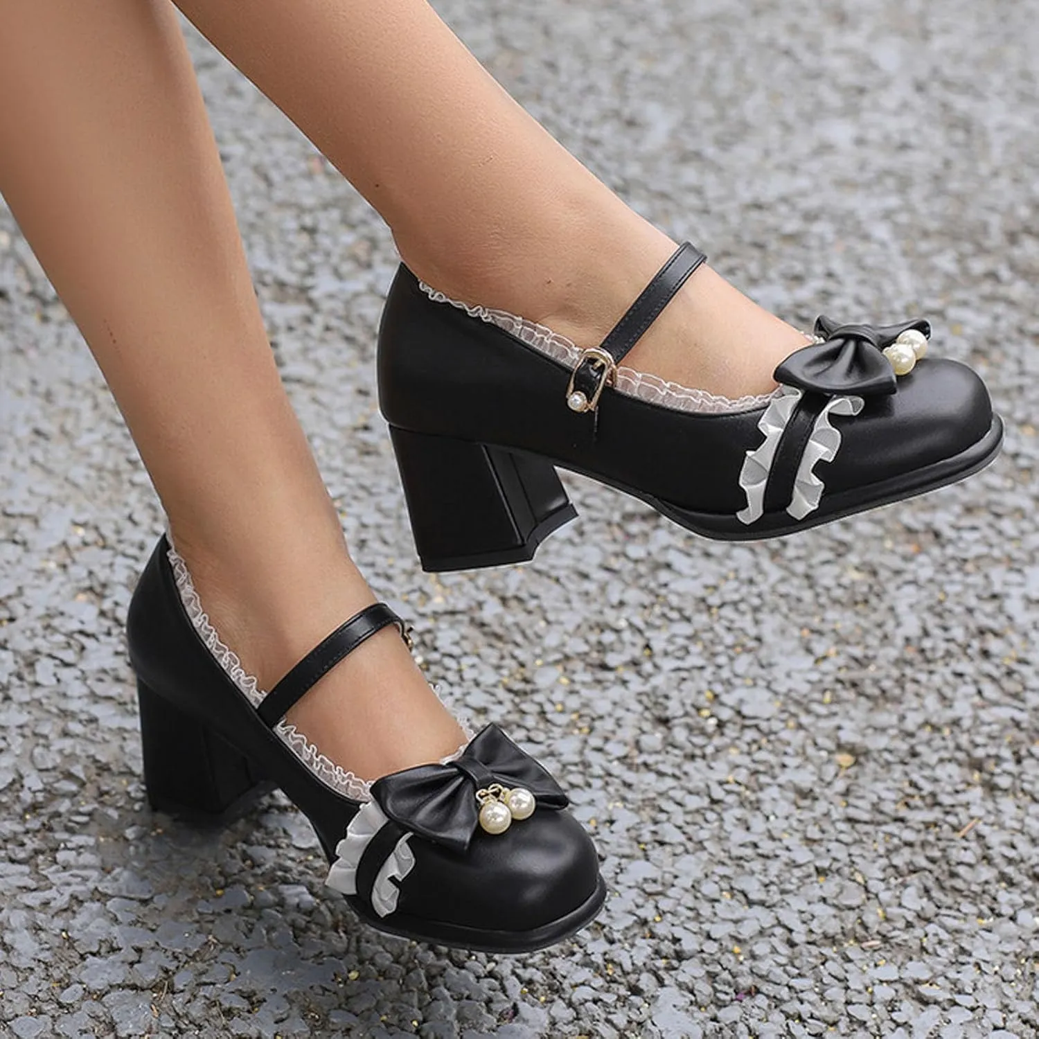 Ladies Retro Single Shoes Chunky Heel Mary Jane Shoes Bowknot College Style Large Size Womens Sandals with Arch Support