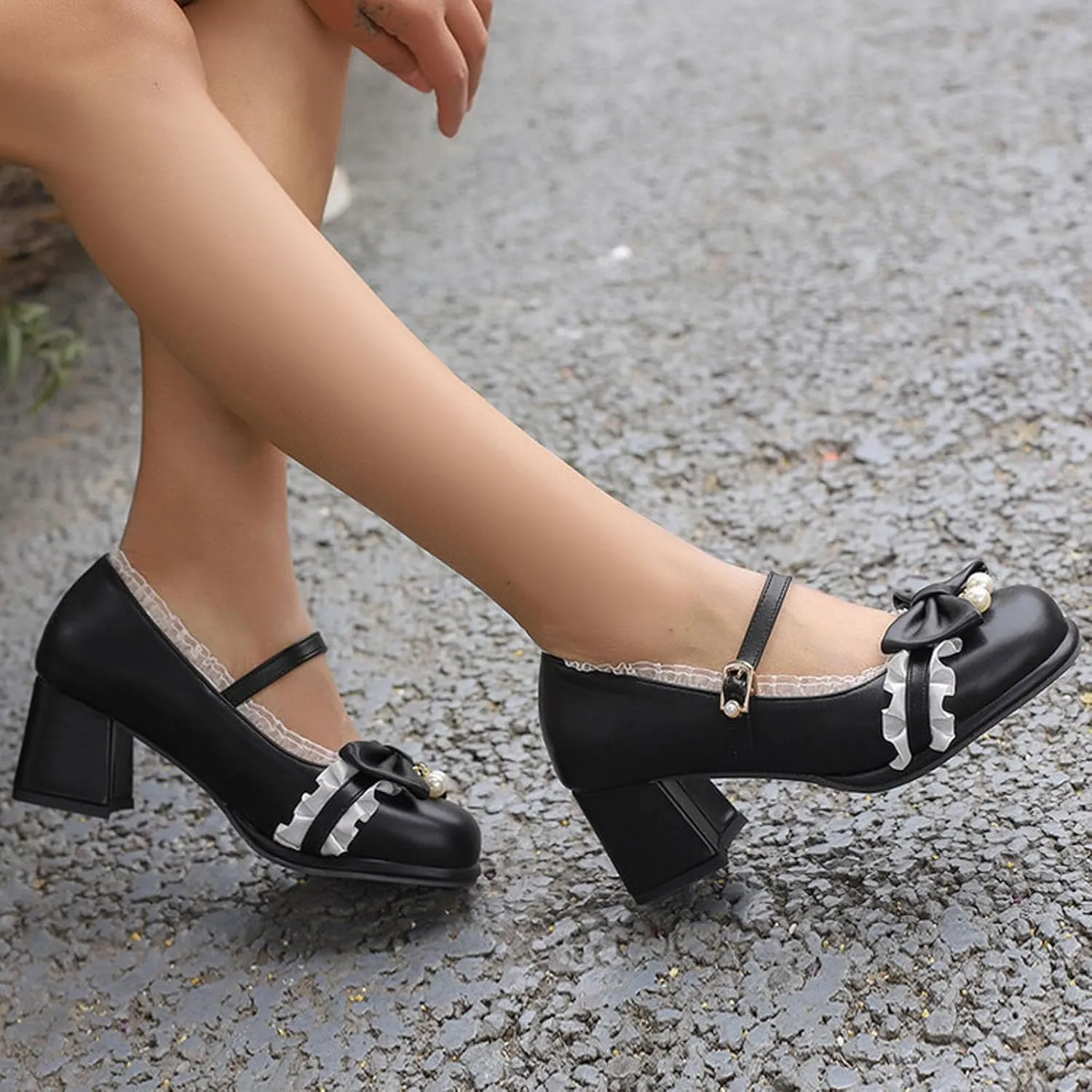 Ladies Retro Single Shoes Chunky Heel Mary Jane Shoes Bowknot College Style Large Size Womens Sandals with Arch Support