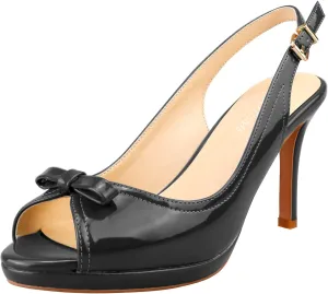 LEMUTISME Women's Stylish Peep Toe Bowknot Adjustable Buckle Backstrap Slingback High Heel Dress Pumps Sexy Patent Leather Platform Stiletto Heel Sandals For Women Party Wedding Black Size 7.5