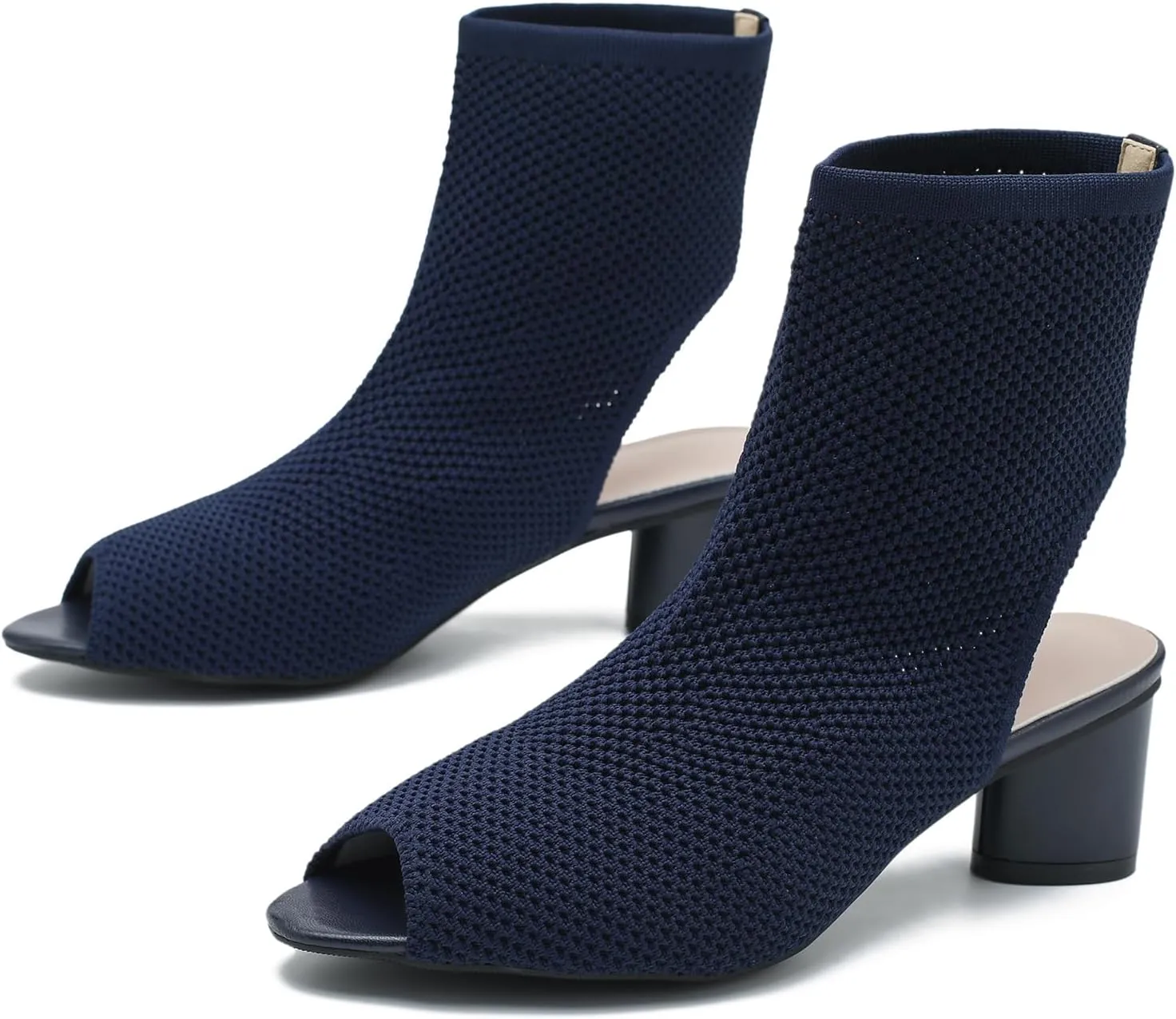LIURUIJIA Women's Knit Slingback Chunky Heel Ankle Boots Open Toe Booties Hollow Heeled Sandals Summer Casual Slip On Dress Sock Booties For Women