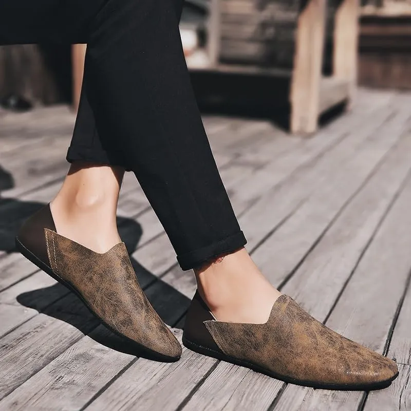 Loafers for Men Round Toe Two Tone Patchwork Leather Flexible Lightweight Slip Resistant Fashion Slip-ons