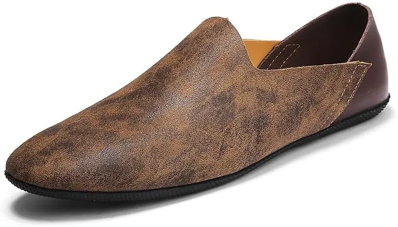 Loafers for Men Round Toe Two Tone Patchwork Leather Flexible Lightweight Slip Resistant Fashion Slip-ons