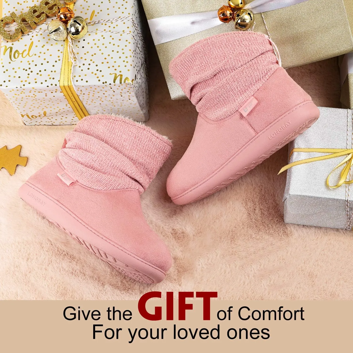 LongBay Women's Warm Chenille Knit Bootie Slippers Memory Foam Comfy Suede Fluffy Faux Fur Memory Foam Boots House Shoes