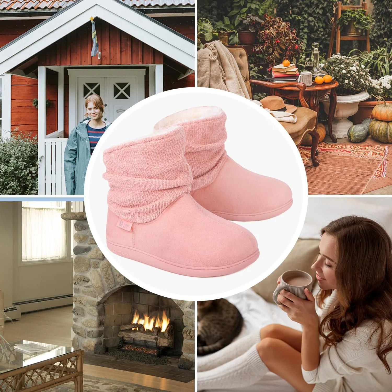 LongBay Women's Warm Chenille Knit Bootie Slippers Memory Foam Comfy Suede Fluffy Faux Fur Memory Foam Boots House Shoes