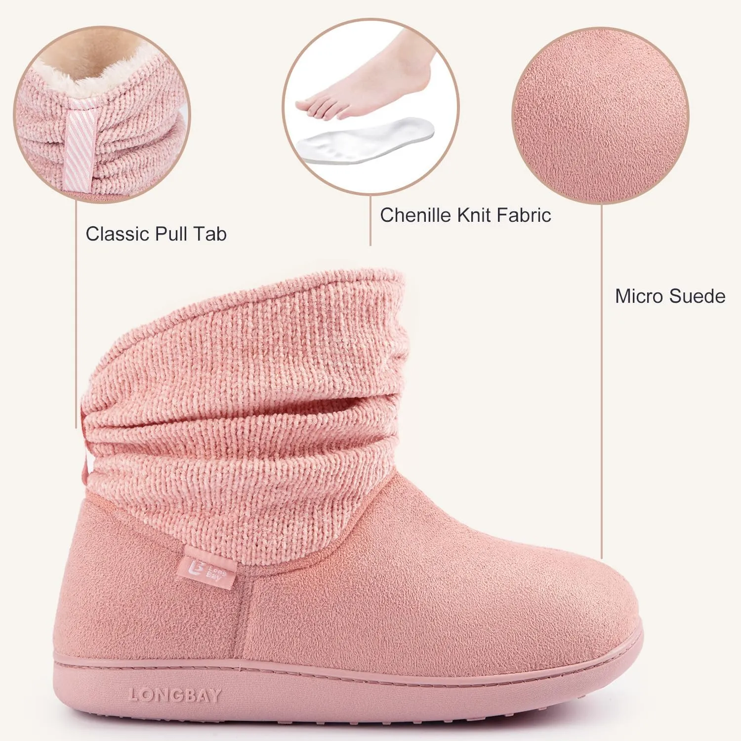LongBay Women's Warm Chenille Knit Bootie Slippers Memory Foam Comfy Suede Fluffy Faux Fur Memory Foam Boots House Shoes