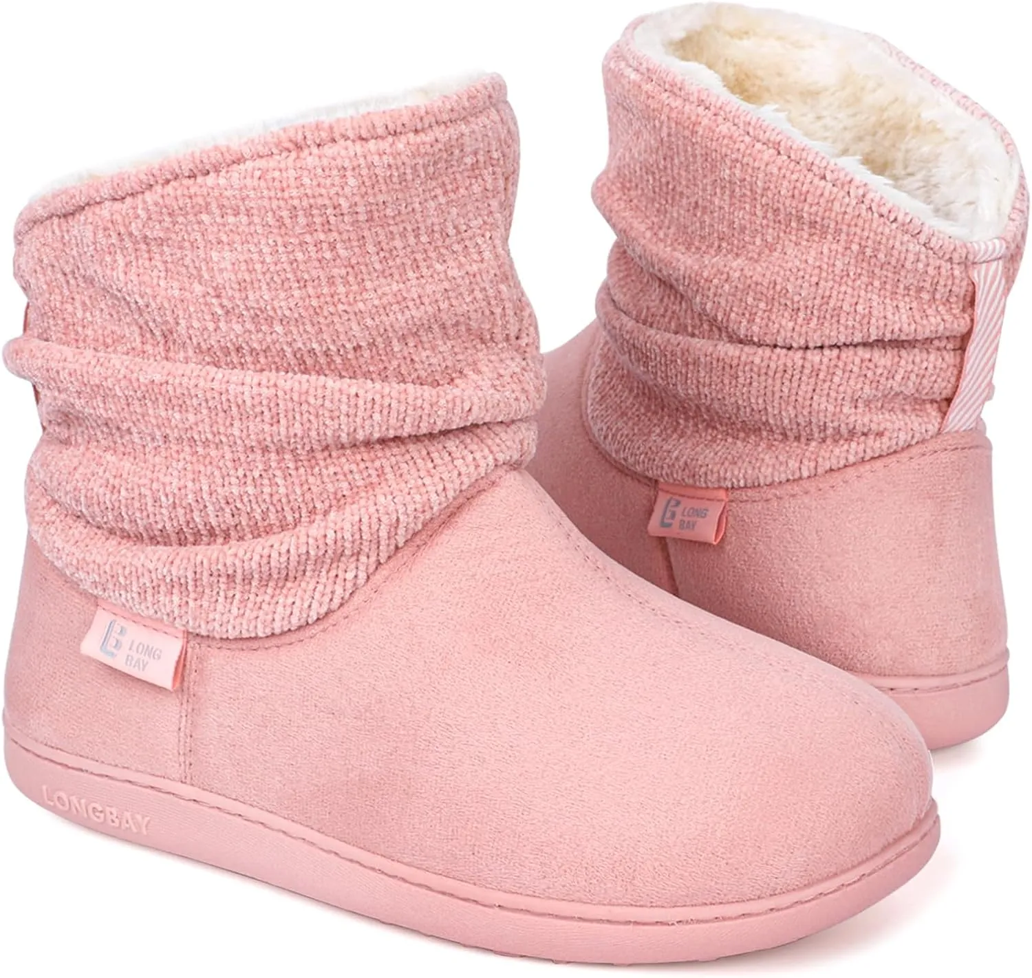 LongBay Women's Warm Chenille Knit Bootie Slippers Memory Foam Comfy Suede Fluffy Faux Fur Memory Foam Boots House Shoes