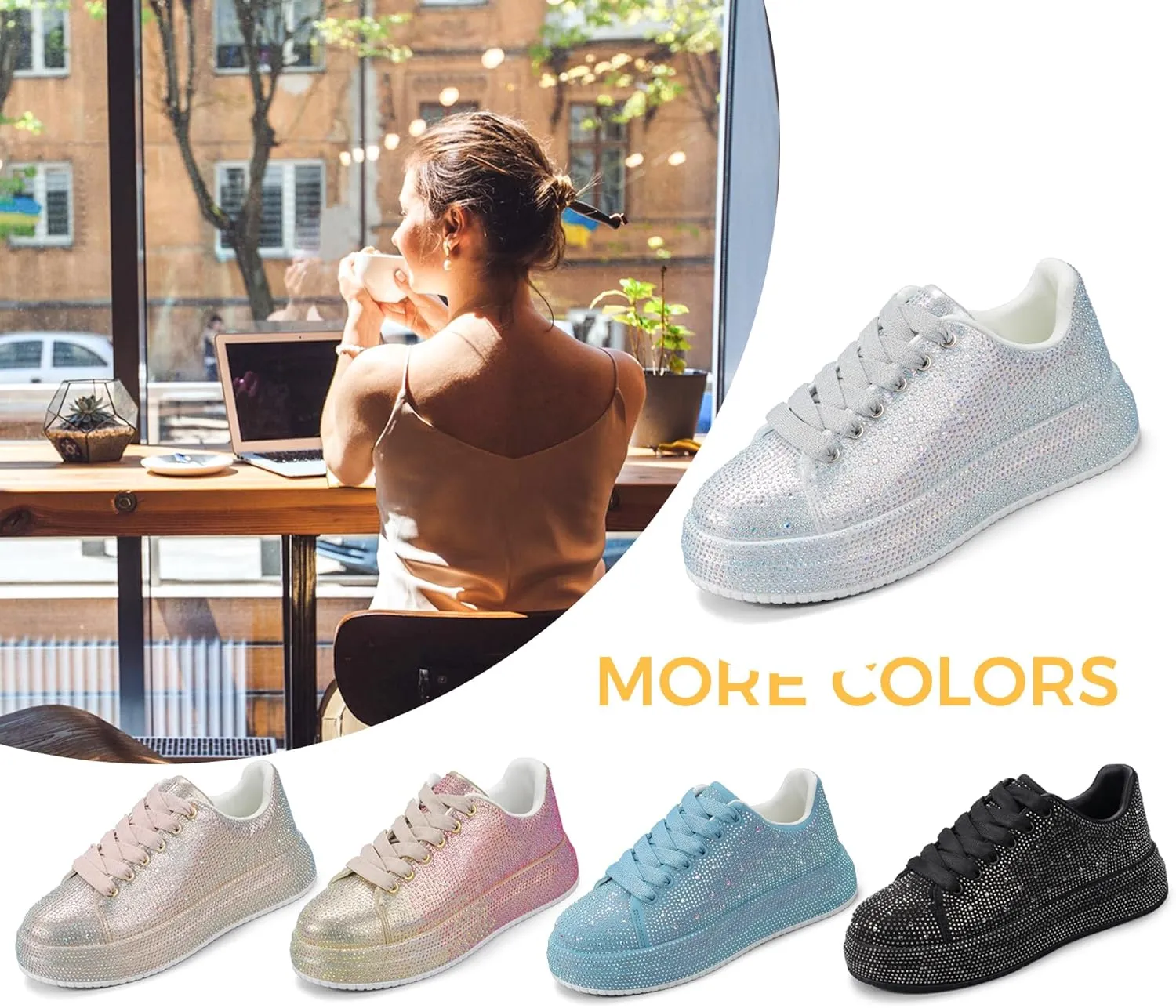 LUCKY STEP Rhinestone Sneakers for Women Platform Sparkly Glitter Bling Tennis Shoes Fashion Bedazzled Wedding Bridal Party Walking Sneakers