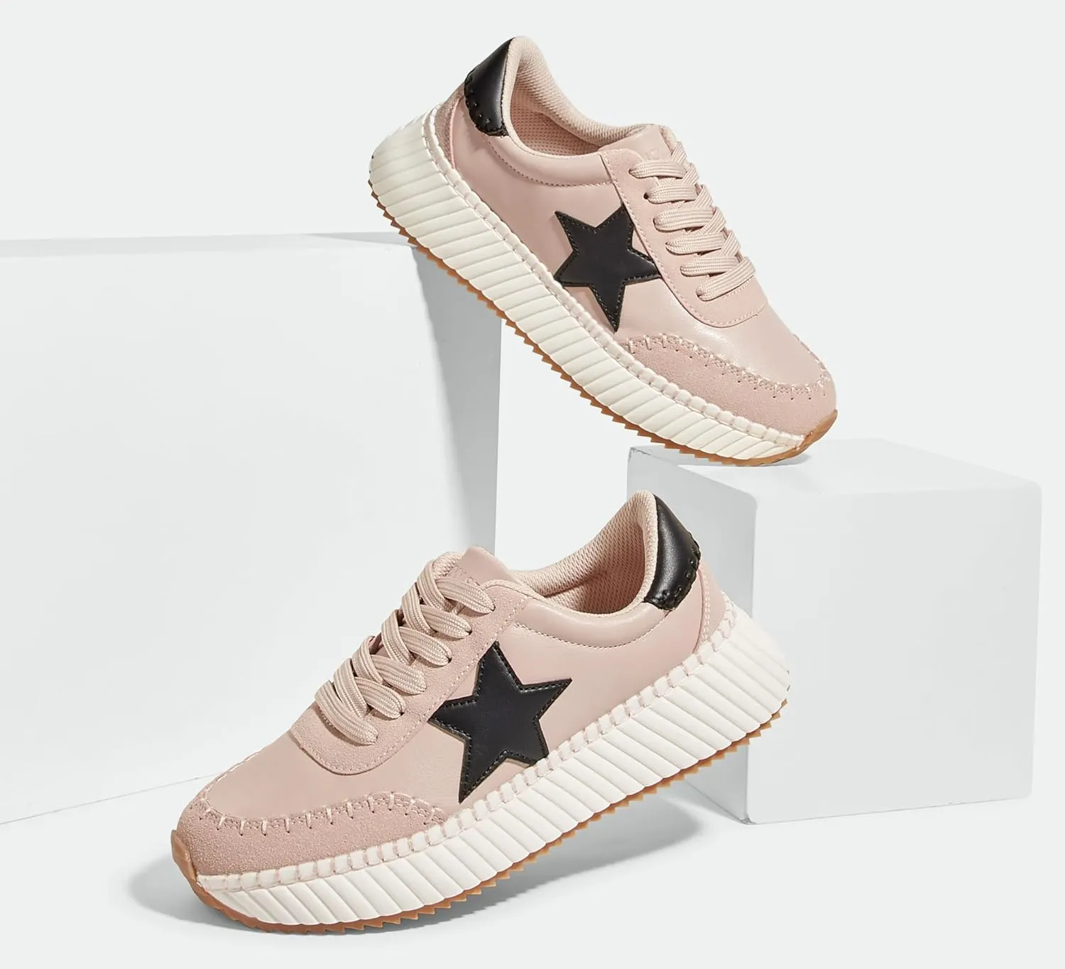 LUCKY STEP Women's Star Platform Sneakers Fashion Chunky Retro Trendy Casual Tennis Running Trainning Walking Shoes