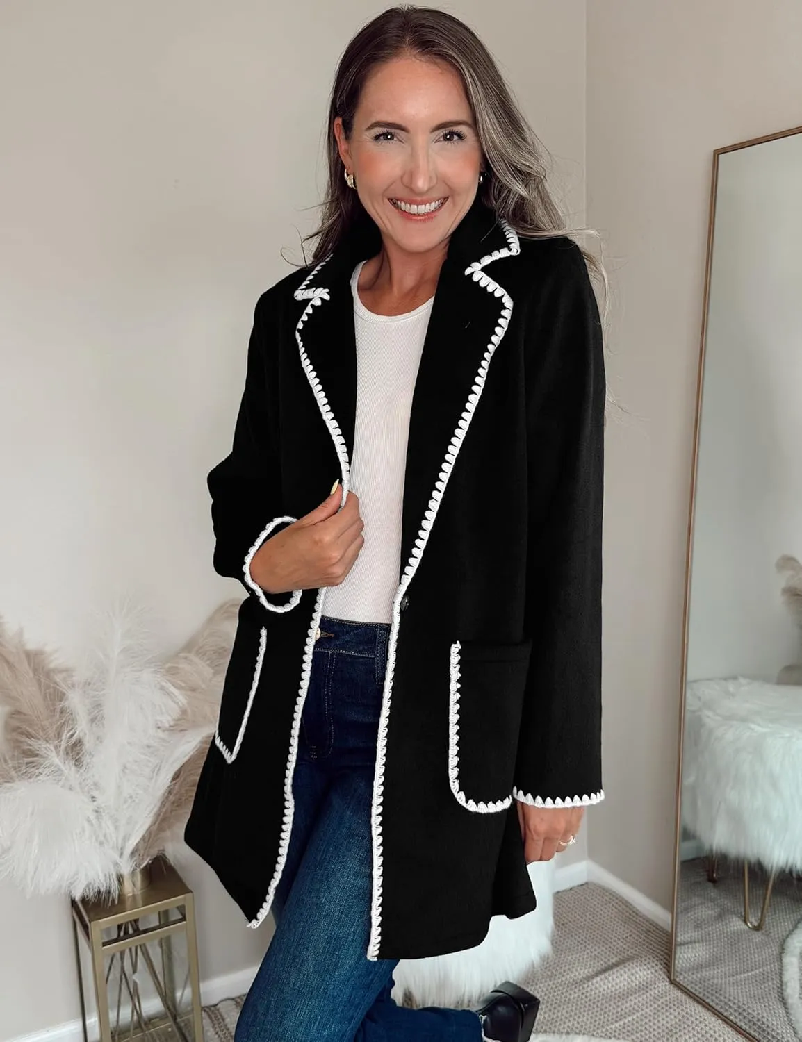 luvamia Pea Coats for Women Trendy Embroidered Contrast Trim Long Peacoat Jackets Lapel Button Winter Coat with Pockets