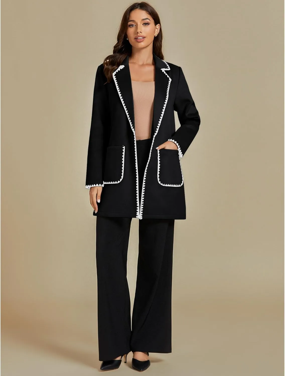 luvamia Pea Coats for Women Trendy Embroidered Contrast Trim Long Peacoat Jackets Lapel Button Winter Coat with Pockets