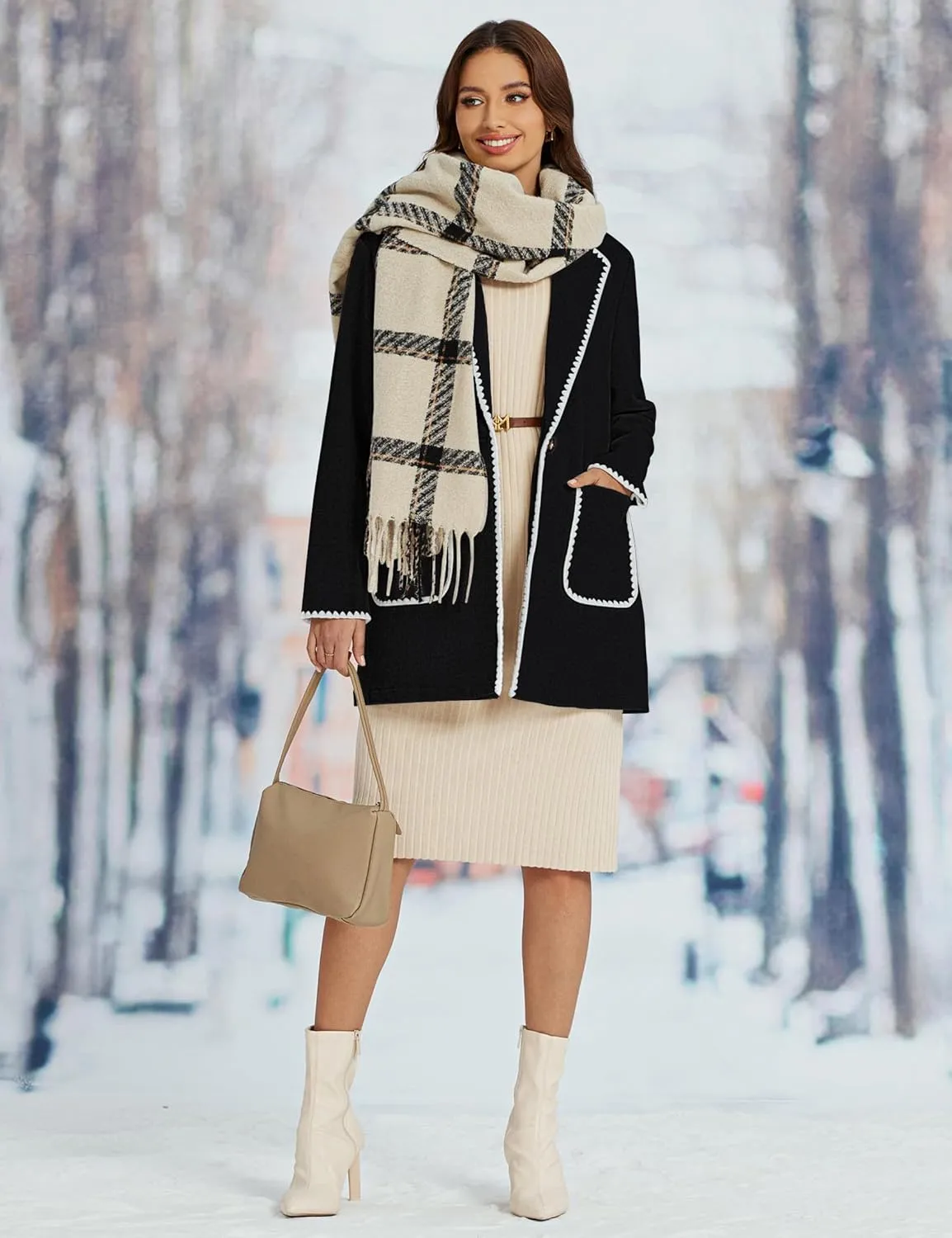 luvamia Pea Coats for Women Trendy Embroidered Contrast Trim Long Peacoat Jackets Lapel Button Winter Coat with Pockets