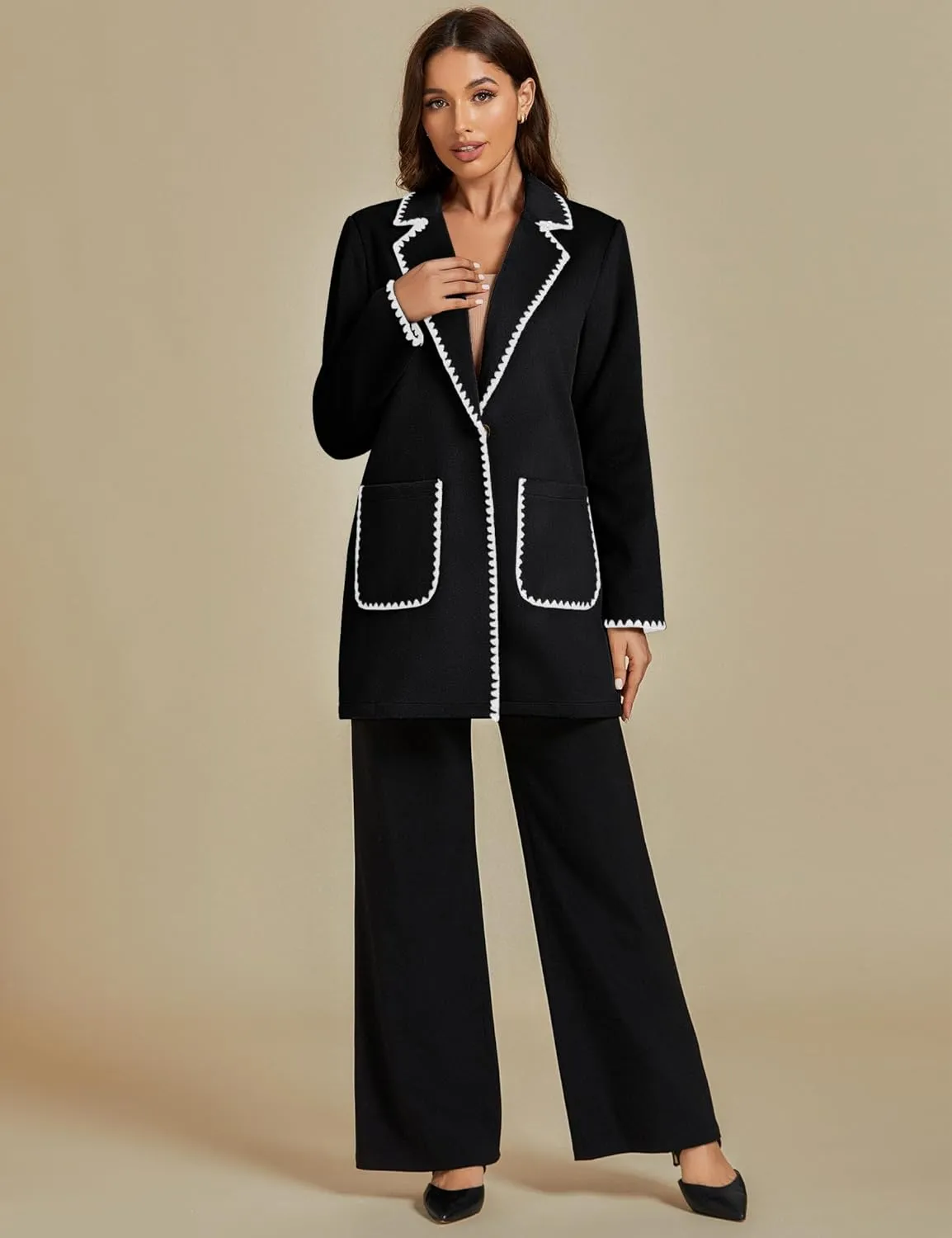 luvamia Pea Coats for Women Trendy Embroidered Contrast Trim Long Peacoat Jackets Lapel Button Winter Coat with Pockets