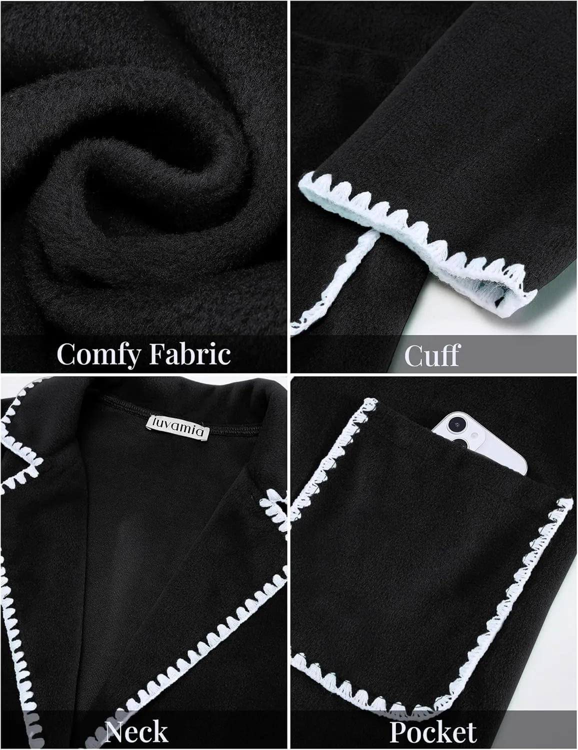 luvamia Pea Coats for Women Trendy Embroidered Contrast Trim Long Peacoat Jackets Lapel Button Winter Coat with Pockets
