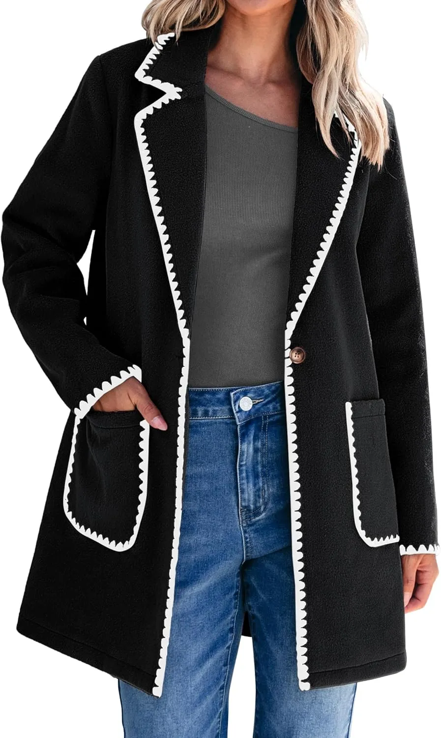 luvamia Pea Coats for Women Trendy Embroidered Contrast Trim Long Peacoat Jackets Lapel Button Winter Coat with Pockets