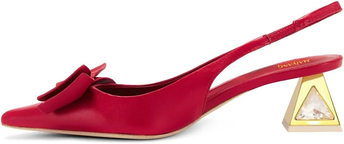 Maiyang Women Bowknot Pointed Toe Slingback Pumps Elastic Strappy Low Pyramid Heels Dressy Event Date Bridal Sandals Size 4-16 US