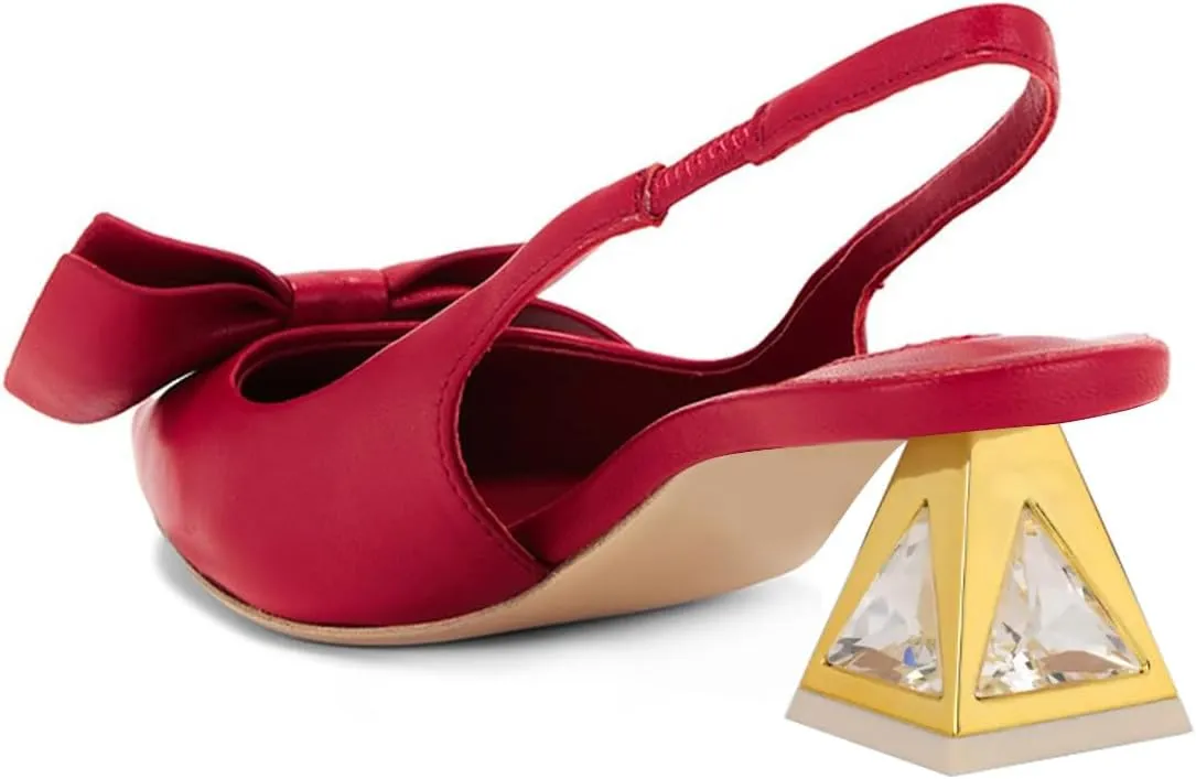 Maiyang Women Bowknot Pointed Toe Slingback Pumps Elastic Strappy Low Pyramid Heels Dressy Event Date Bridal Sandals Size 4-16 US