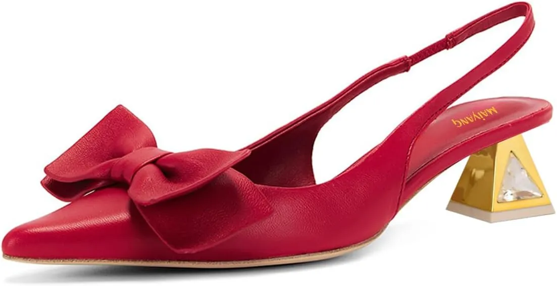 Maiyang Women Bowknot Pointed Toe Slingback Pumps Elastic Strappy Low Pyramid Heels Dressy Event Date Bridal Sandals Size 4-16 US