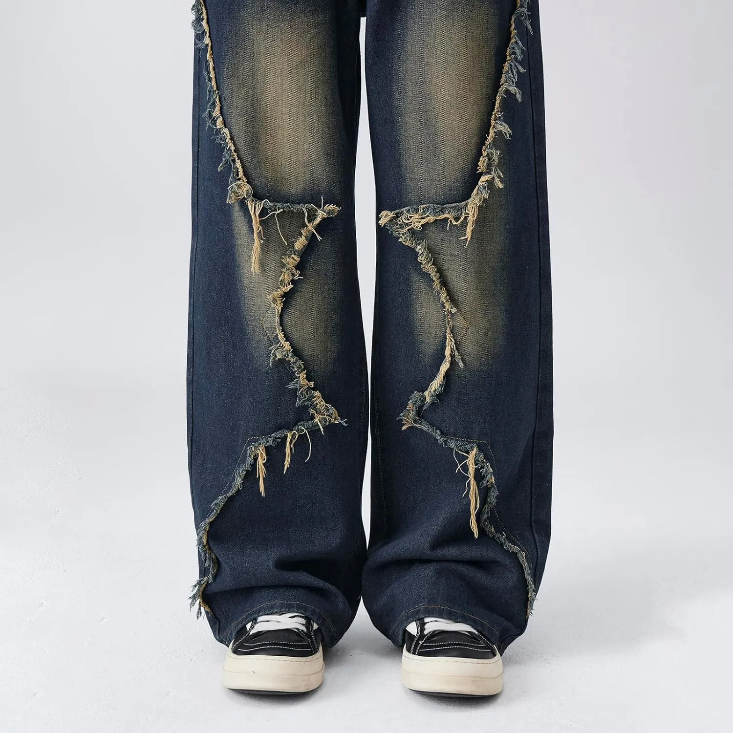 Men's Baggy Jeans Y2K Vintage Distressed Ripped Wide Leg Denim Pants Hip Hop Casual Loose Fit Streetwear Trousers
