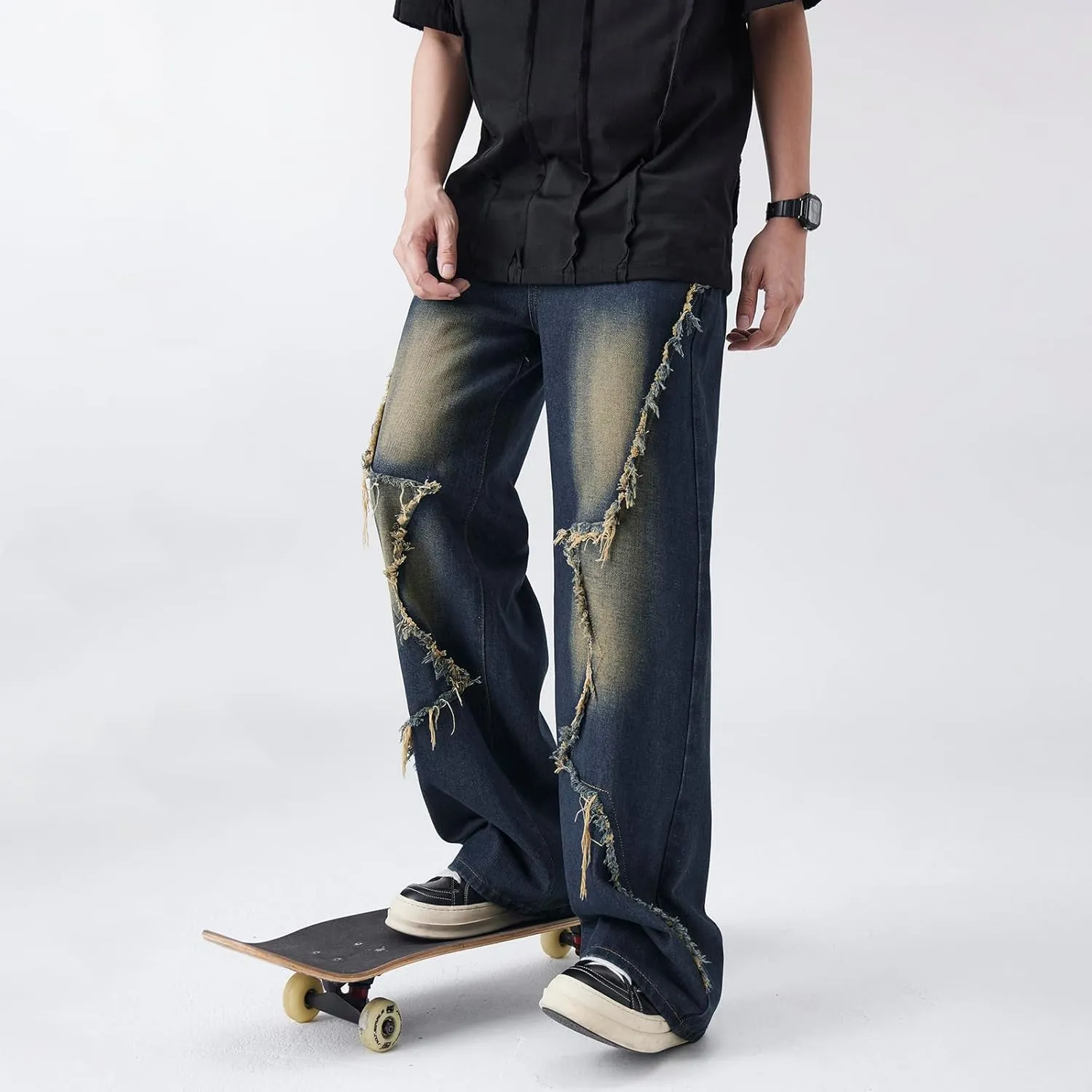 Men's Baggy Jeans Y2K Vintage Distressed Ripped Wide Leg Denim Pants Hip Hop Casual Loose Fit Streetwear Trousers