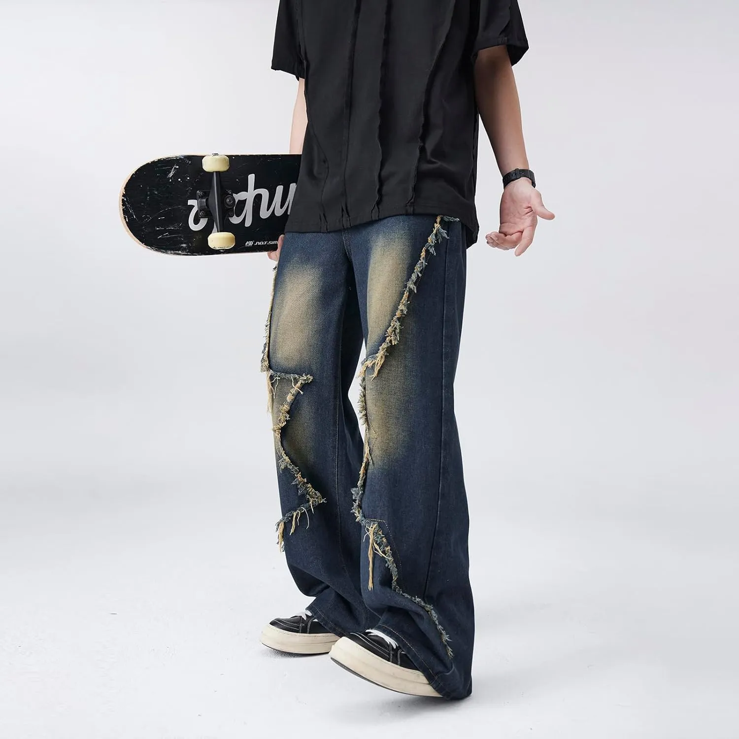 Men's Baggy Jeans Y2K Vintage Distressed Ripped Wide Leg Denim Pants Hip Hop Casual Loose Fit Streetwear Trousers