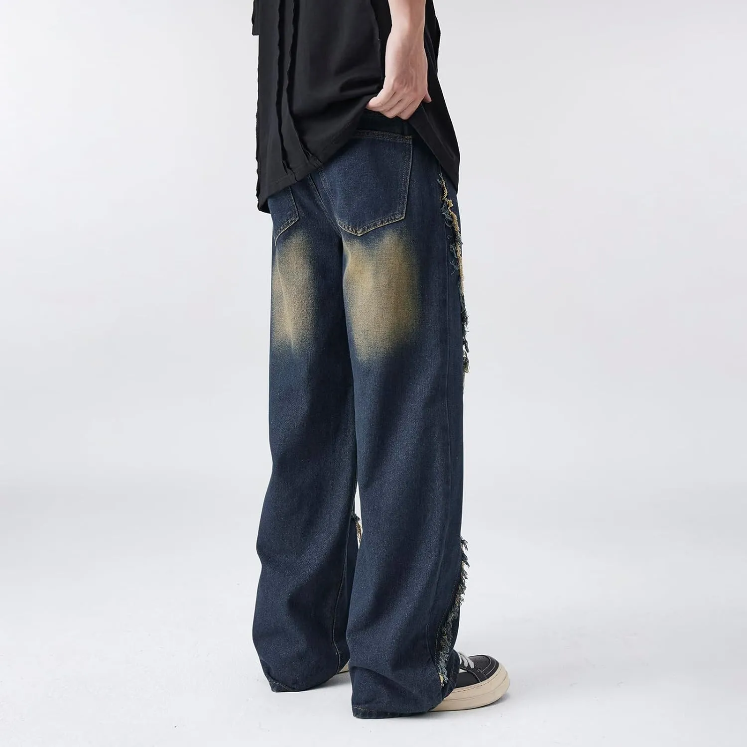 Men's Baggy Jeans Y2K Vintage Distressed Ripped Wide Leg Denim Pants Hip Hop Casual Loose Fit Streetwear Trousers