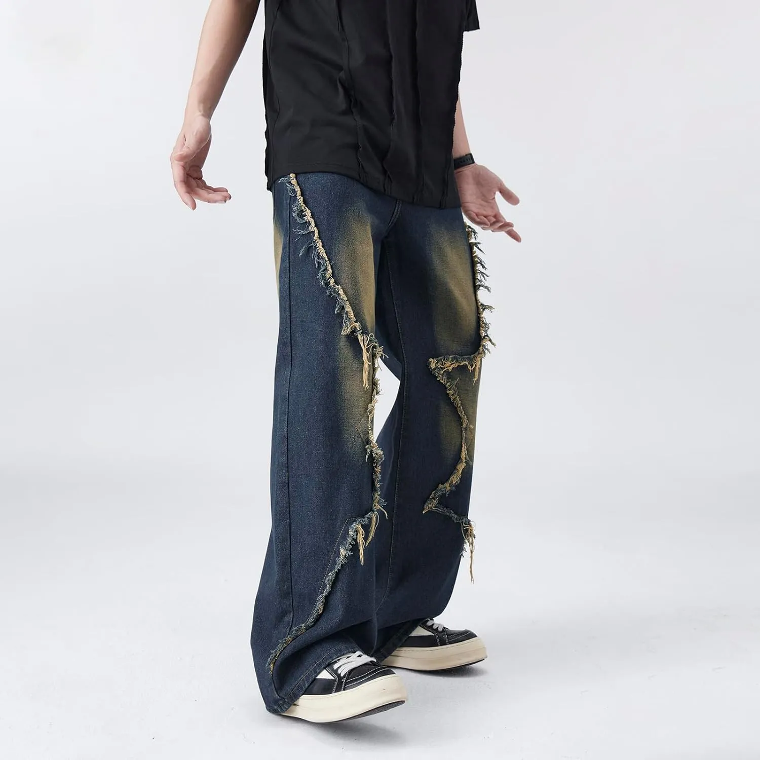 Men's Baggy Jeans Y2K Vintage Distressed Ripped Wide Leg Denim Pants Hip Hop Casual Loose Fit Streetwear Trousers