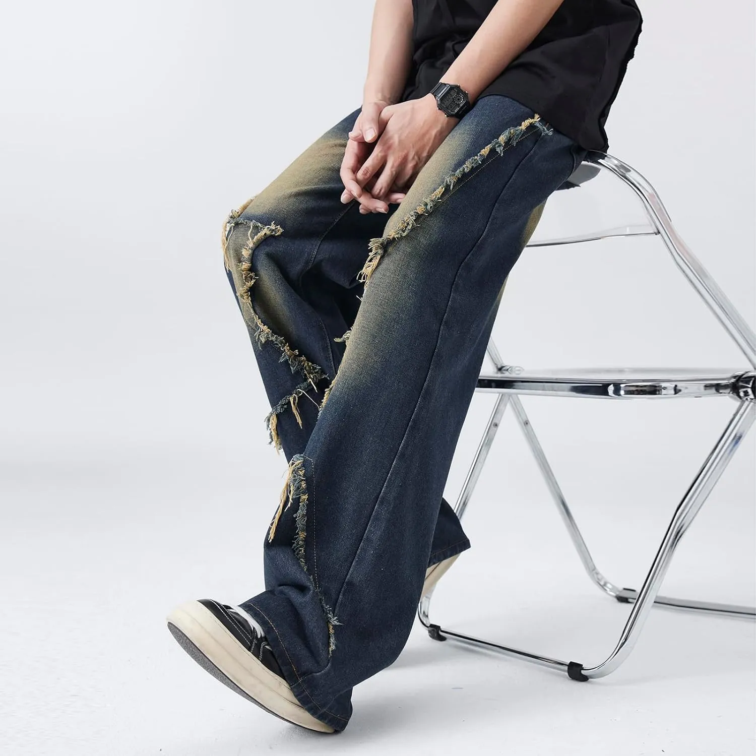 Men's Baggy Jeans Y2K Vintage Distressed Ripped Wide Leg Denim Pants Hip Hop Casual Loose Fit Streetwear Trousers